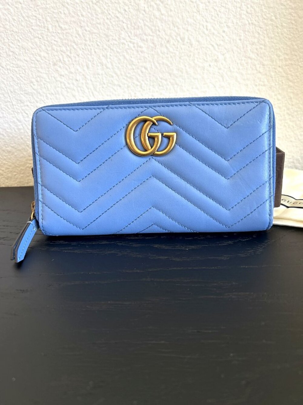 Gucci GG Marmont Zip Around Wallet Light Blue Chevron Matelasse Leather Gold GG